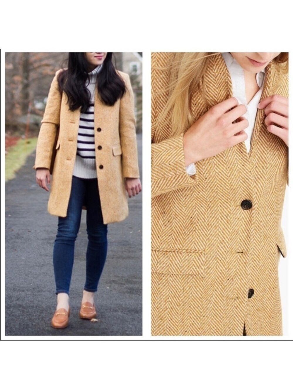 J. Crew Mustard Yellow English herringbone wool Pea Coat button front Sz 2